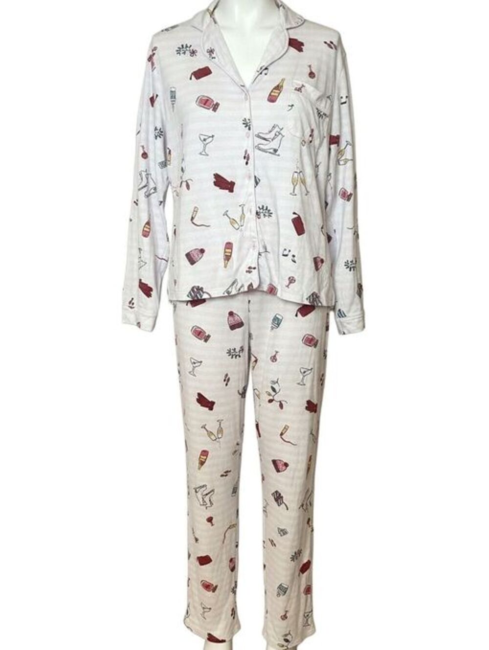 Kate Spade Women's Holiday Cocktail Pajama Set Pink Stripe Long Sleeve Pants